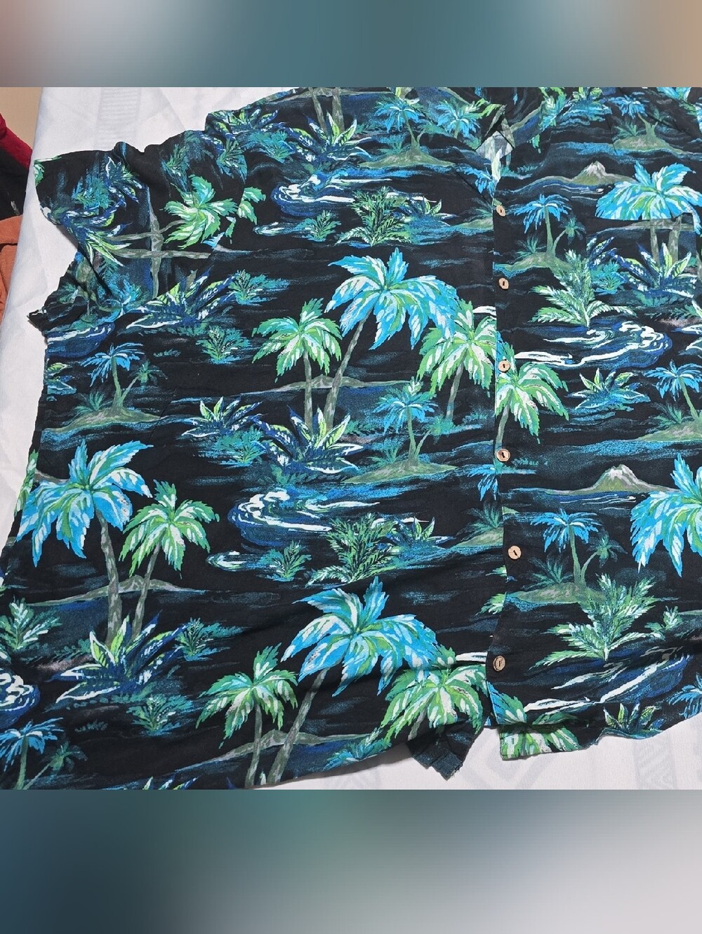 Tropical Palm Print Button-Front Shirt - Black with Blue & Green Palms